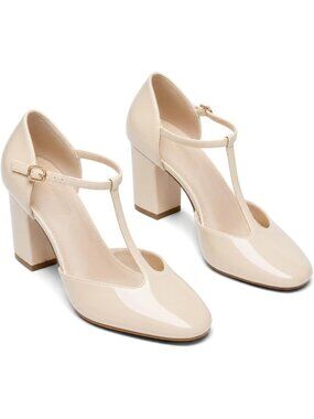 Women's Beige Mary Jane Chunky Heel Square Closed Toe Pumps Ankle Strap Shoes